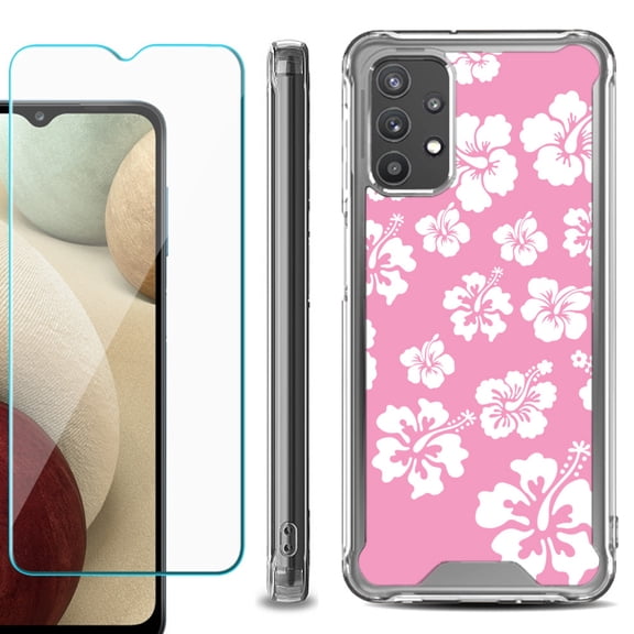 Shockproof Bumper Phone Case for Samsung Galaxy A32 5G, with Tempered Glass Screen Protector, by OneToughShield ® - Hibiscus Pink