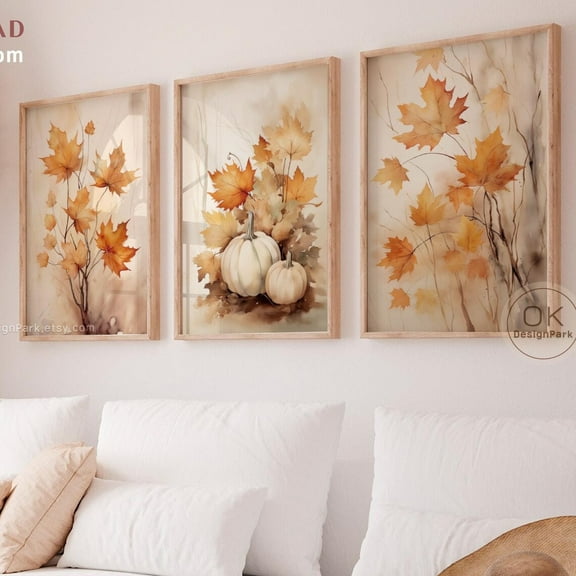 Luvia Fall Decor Prints Set of 3, Farmhouse Autumn Fall Leaves Art, Autumn Pumpkin Print, Autumn Wall Art Wall Decor Set 3 Prints 8x12 UNFRAMED