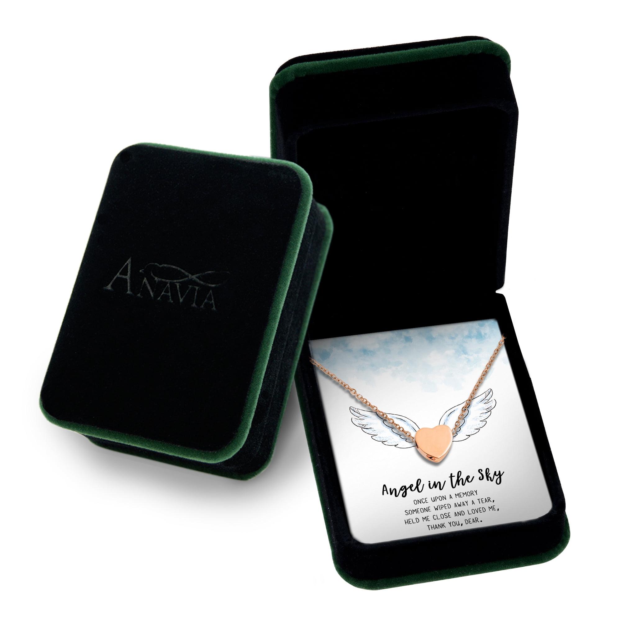 Anavia Mini Heart Cremation Jewelry Stainless Steel Keepsake Memorial Urn Necklace for Human with"Angel in the Sky" Comfort Card-[Rose Gold]