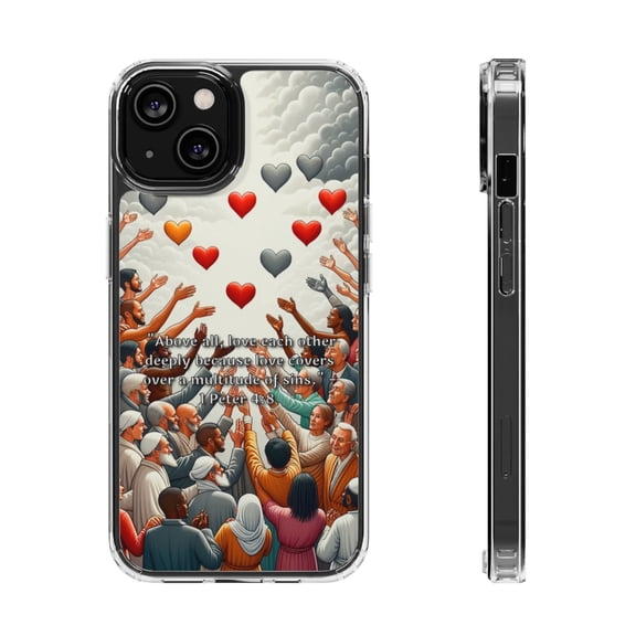 DistinctInk Hybrid (Acrylic / TPU) Clear Slim Fit Case for Apple iPhone 13 (6.1" Screen) - "1 Peter 4:8 - Love Above All: A Summary"