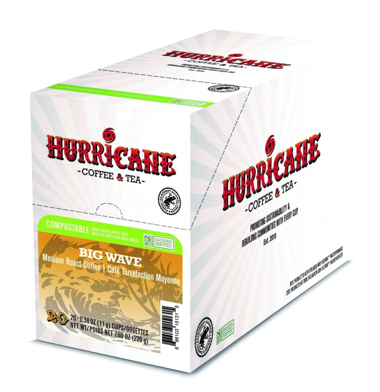 Hurricane Coffee Big Wave Medium Roast Coffee, Compostable Single Cup Coffee Pods Compatible with Keurig K-Cup Brewers, 20 Count