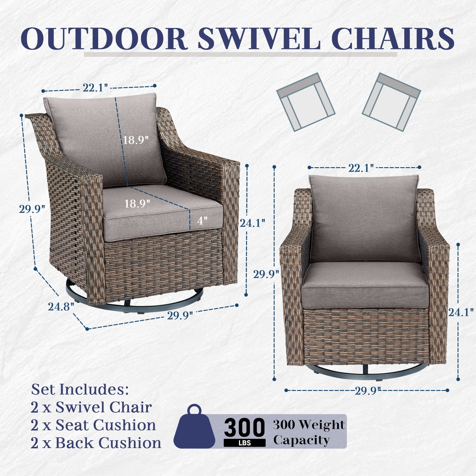 Gymojoy 2-Piece Outdoor Swivel Gliders, Patio Wicker Bistro Furniture Swivel Rocking Chair Set for Porch Balcony Backyard,Gray Cushion