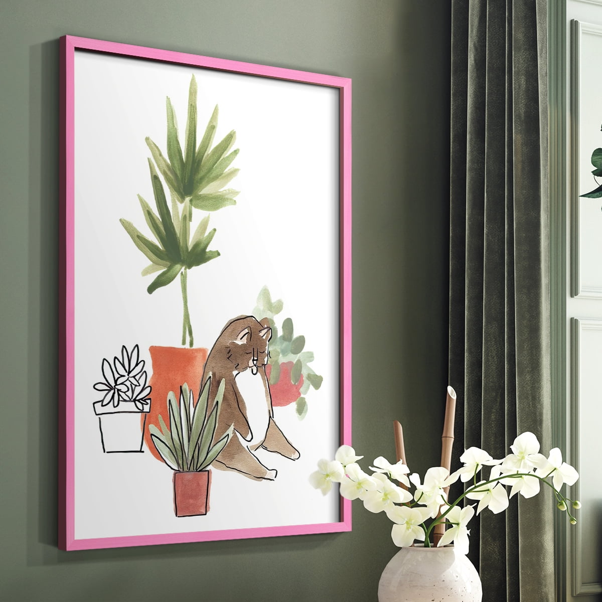 Purrfect Plants II Framed Print in Pink Solid Wood Framed Print No Nail Hanging