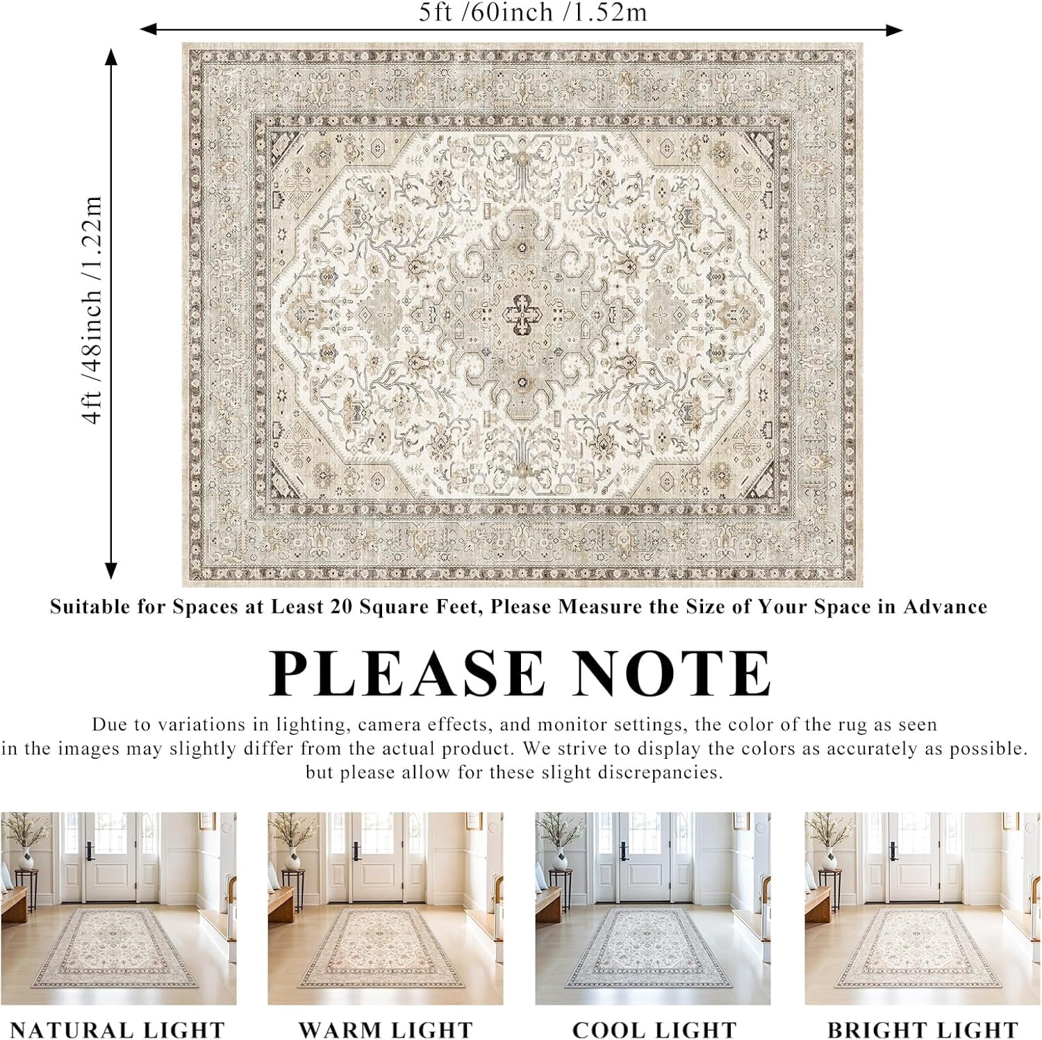 YOUFORTONG 4x5 Washable Entryway Area Rug, Non-Slip Oriental Farmhouse Low Pile Stain Resistant Thin Front Door Mat for Bathroom Kitchen,Ivory