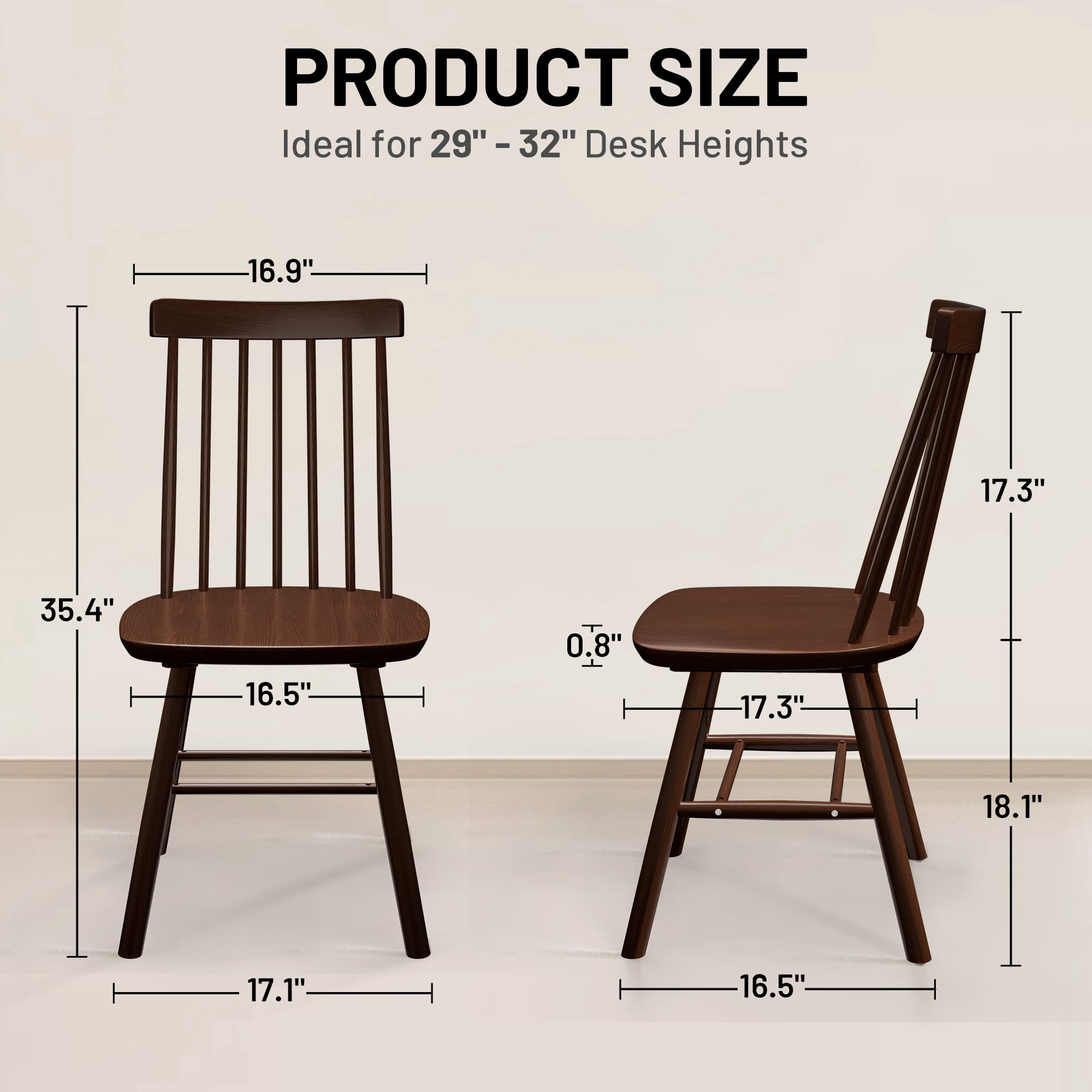 Dhole 7-Spindle Narrow Back Windsor Dining Chairs, Set of 2, Solid Hardwood Kitchen & Dining Room Seating, Brown