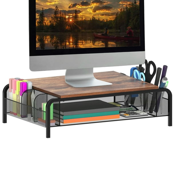 Brown Desk Monitor Stand Riser with Organizer Drawer, Rustic Monitor