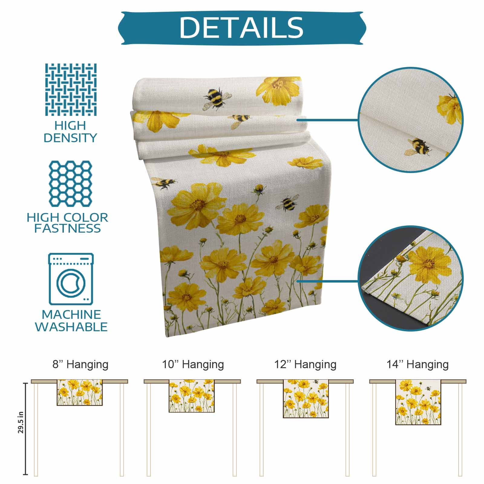 nqOlkjepod Yellow Floral Bee Table Runner 90 Inches Long Farmhouse Dress Scarves, Summer Watercolor Botanical Flower Dining Tablerunner for Coffee Table/Kitchen Island/Party Décor, 13" x 90"