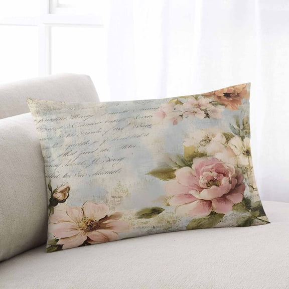 Farmhouse Pink Floral Small Pillow Covers, Spring Vintage PlantsFlowers Soft Breathable Throw Pillow Cases with Invisible Zipper, Decorative Pillowcase Pillows Protectors for Sofa Bed Chair 12"x20"