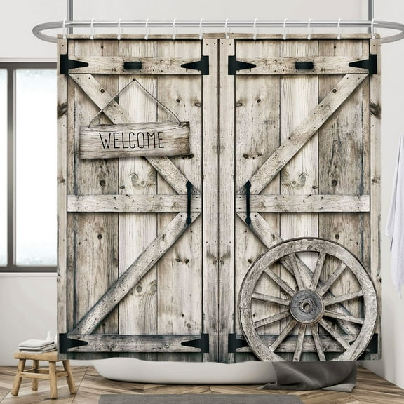 Rustic Farmhouse Fabric Shower Curtain, Wooden Cabin Retro Western Brown Bathroom Shower Curtain Sets, Vintage Quick Dry Durable Waterproof Bath Accessories Decor with Hooks, 72X72in