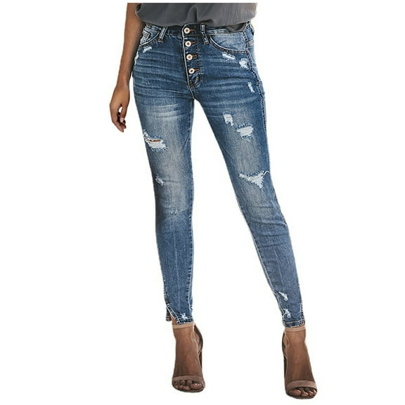 Idoravan High Waisted Jeans for Women Ripped Women's Casual Elastic Worn-out Trousers Solid Button Splicing Full Length Pants