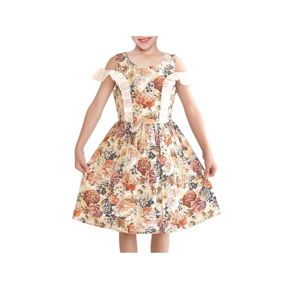 Sunny Fashion Girls Cotton Dress Floral Print Cold Shoulder With Ruffle Sleeves Summer Casual 12 Years
