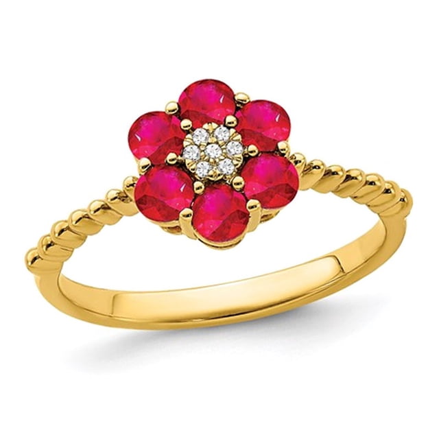 9/10 Carat (ctw) Natural Ruby Flower Ring in 14K Yellow Gold