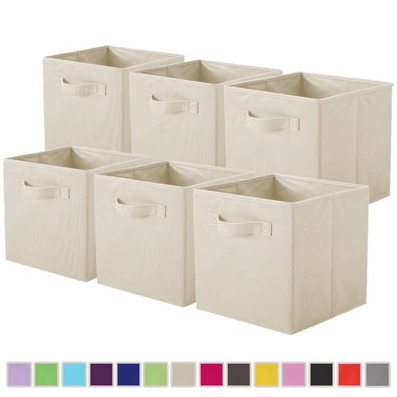 PinkSheep Collapsible Fabric Cube Storage Bins, Foldable Storage Cubes Organizer Bins Basket (10.5" x 10.5"), Beige, 6 Pack