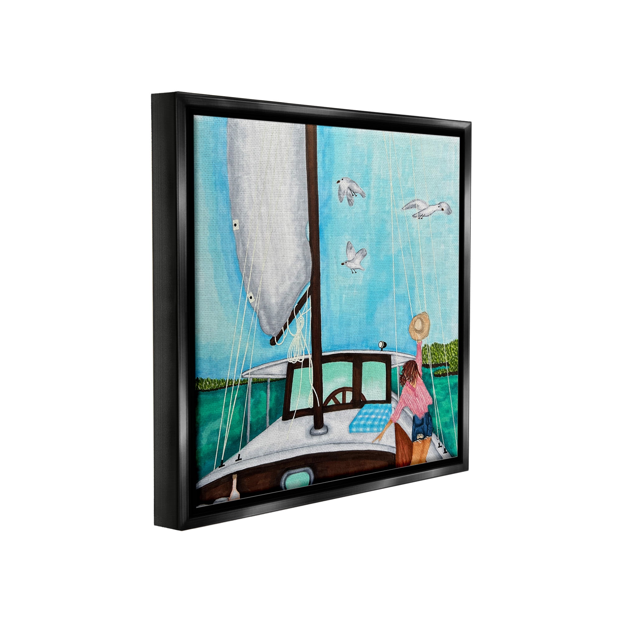 Stupell Industries Girl on Boat Scene Transportation Painting Black Floater Framed Canvas Art Print Wall Art, 18 x 18