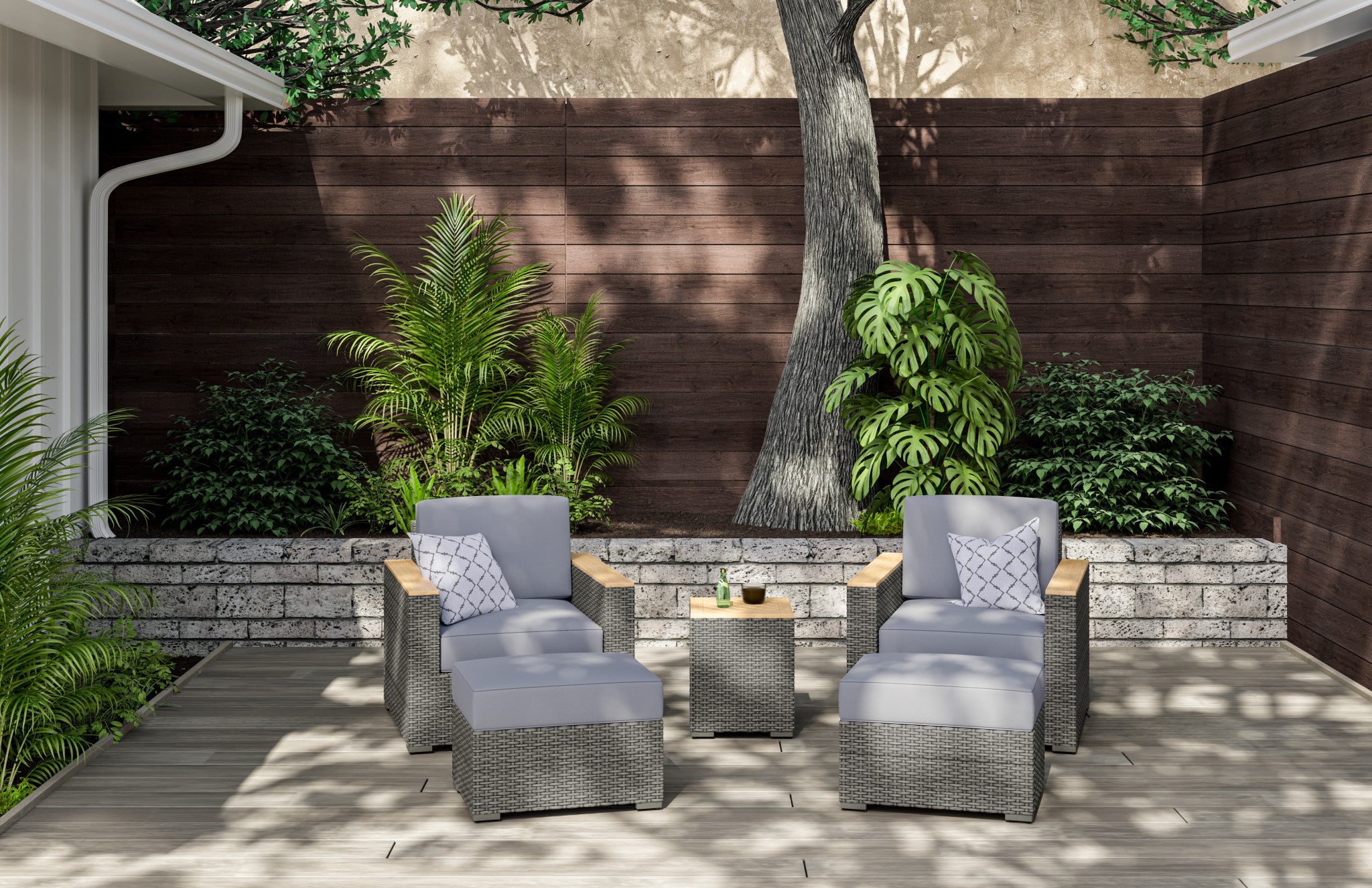Homestyles Boca Raton Brown Outdoor Side Table Arm Chair Pair and Two Ottomans - image 2 of 5