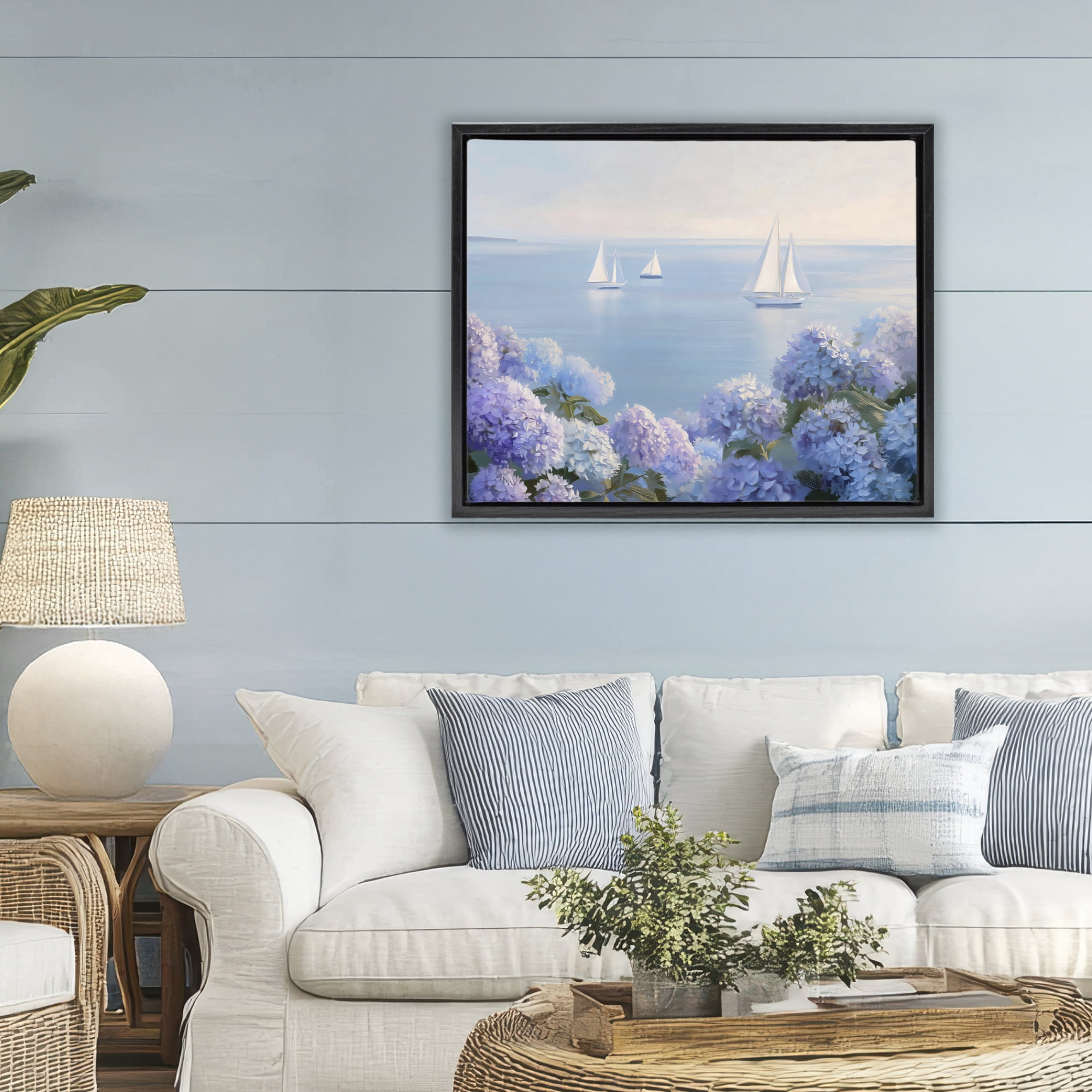 Stupell Industries Sailboats & Hydrangeas at Sea Black Framed Floater Canvas Wall Art, design by LSR Design Studio