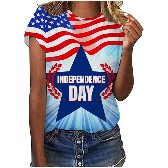 OAVQHLG3B 4th of July Outfits for Women American Flag Shirt Summer Tops for Women Tops Printe Casual Loose Fit Tee Shirts Blouse Print Round-neck Shirt
