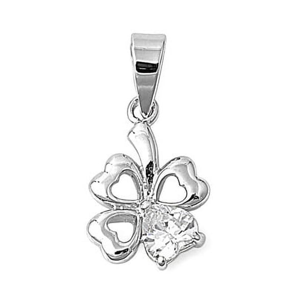 Four Leaf Clover Heart Pendant Cubic Zirconia Sterling Silver