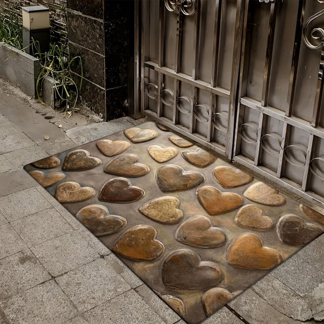 Todaioua Imitation 3D Heart River Stone Welcome Mat - Non-Slip Absorbent Crystal Velvet Doormat for Front Door Entryway Kitchen Bathroom, Washable Floor Rug for Valentine's Day Home Decor