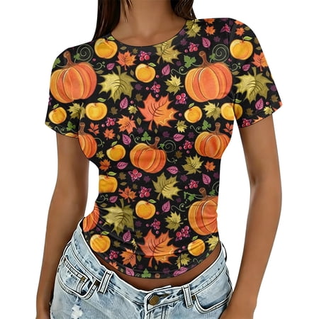 Tops for Women Trendy Trendy Short‑Sleeve Halloween Prints Lightweight Fashion Outfits Clothes XXL
