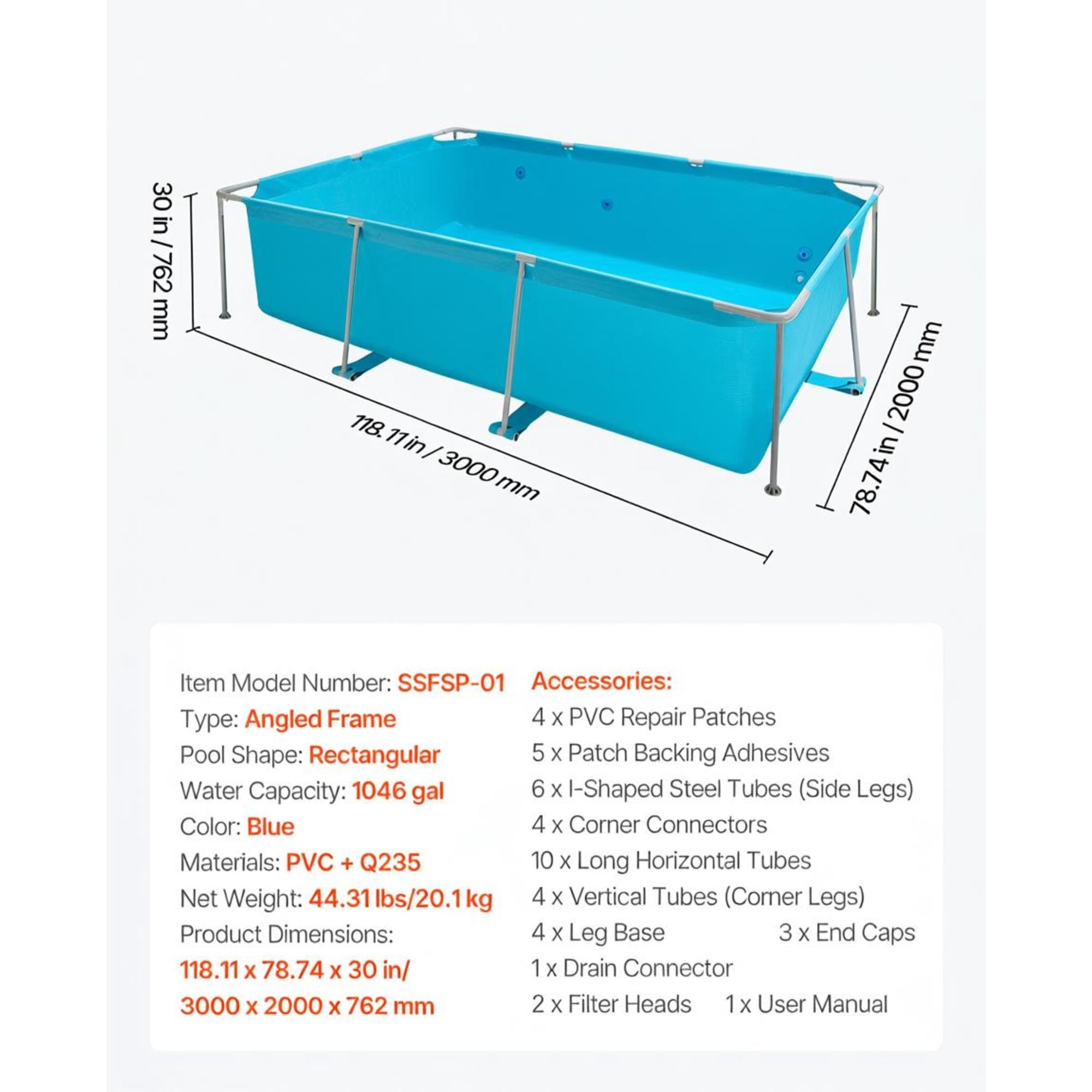 Rectangular Metal Frame Above Ground Swimming Pool, 1046 Gal 118 x 78 x 30 Inch Outdoor Backyard Family Pool, Rust Resistant Steel Frame, Blue