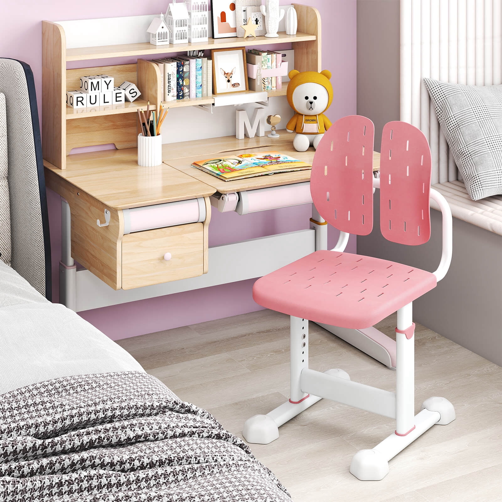 Costway Kids Desk Chair with Adaptive Double Backrest, Adjustable Height, Breathable Seat Pink