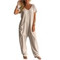 thumbnail image 3 of Tqcoqu Women's Solid V Neck Short Sleeve Jumpsuit, Loose Harem Baggy Long Pants One Piece Jumpsuit with Side Pockets, 3 of 7