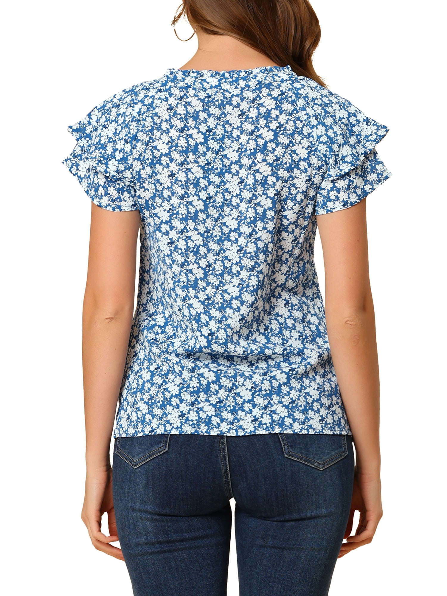 Unique Bargains Women's Floral Print Top Tiered Sleeve Button Down V Neck Blouse Blue S