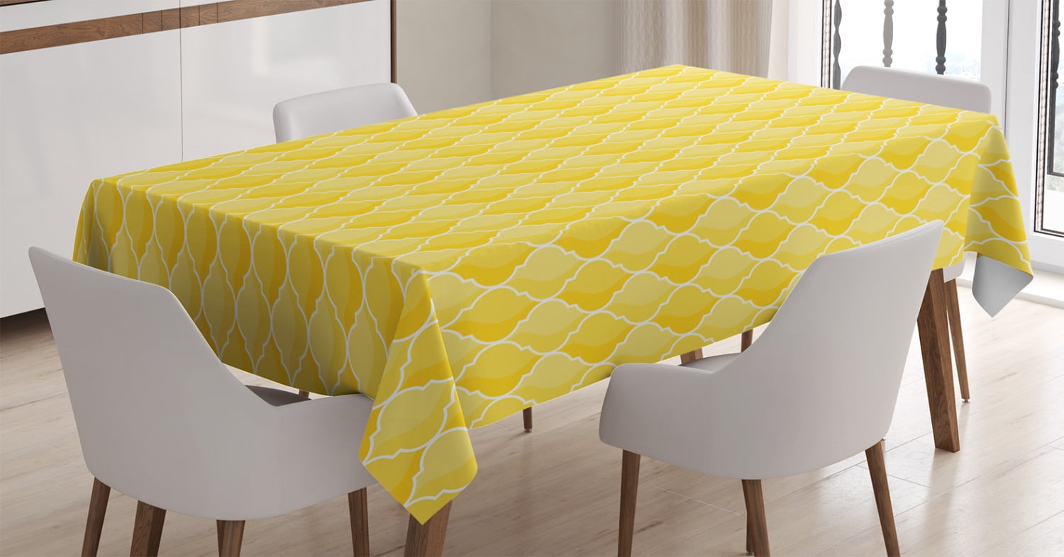 Yellow Decor Tablecloth, Quatrefoil Moroccan Themed Oval Geometric