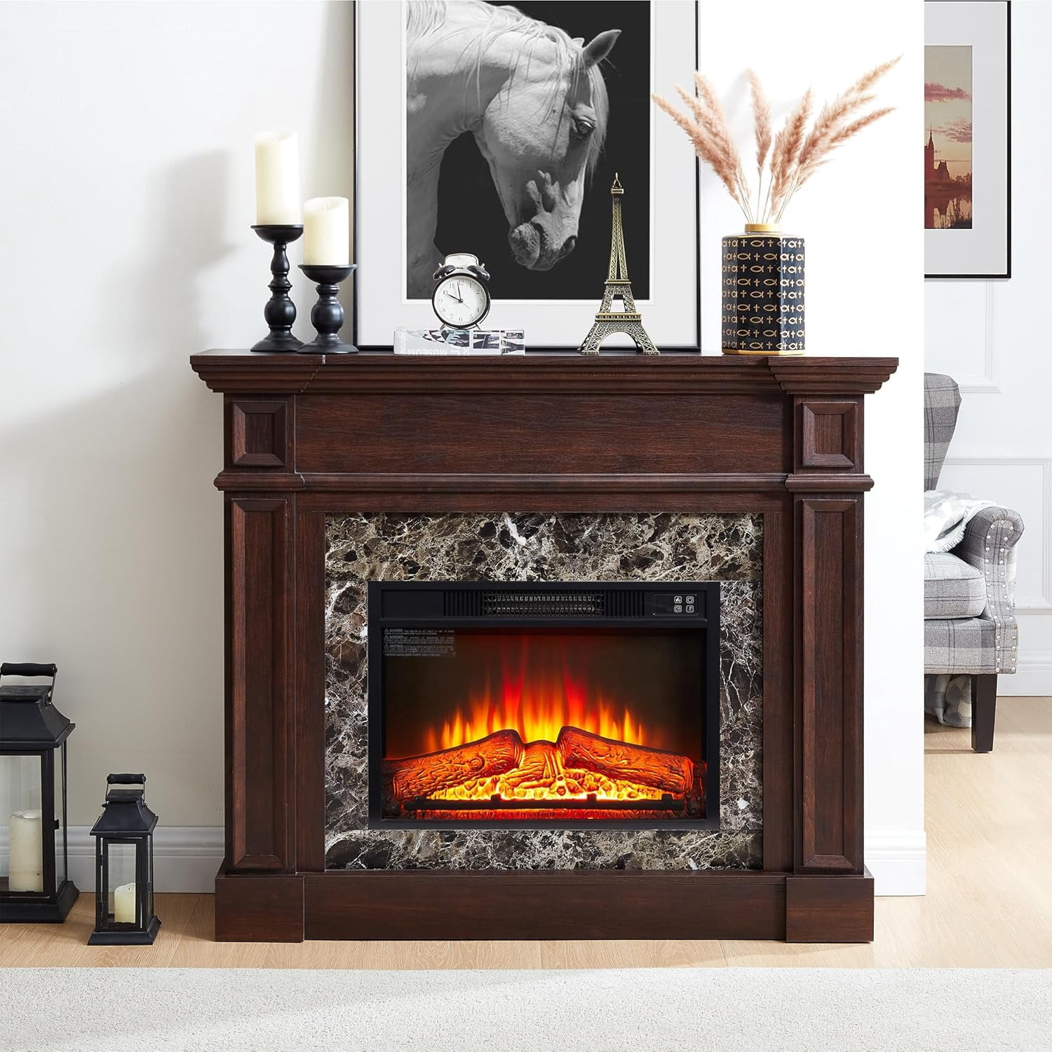 45" Electric Fireplace with Mantel, Faux Marble Pattern Surround, Freestanding Fireplace Heater with Timer & LED Flame, 23" Fireplace Insert (Cherry)