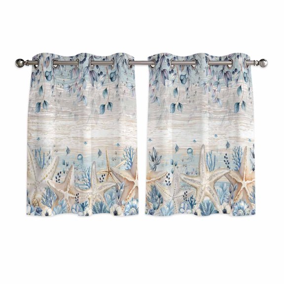 Blue Beige Coastal Kitchen Curtains Window Panels, Beach Starfish Summer Eucalyptus Vintage Insulated Window Treatment Curtain, Grommet Curtains for Bedroom/Living Room/Bathroom, 2 Piece 52"Wx45"L