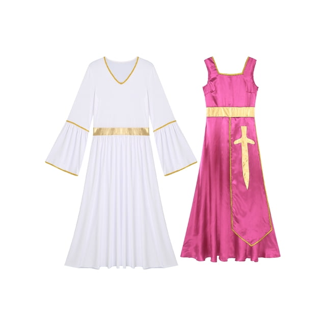 Raenseen Robes de Danse pour Femmes Tenues de Culte Col Carré Tunique avec Robes à Manches Longues Rose Vif&Blanc TTG