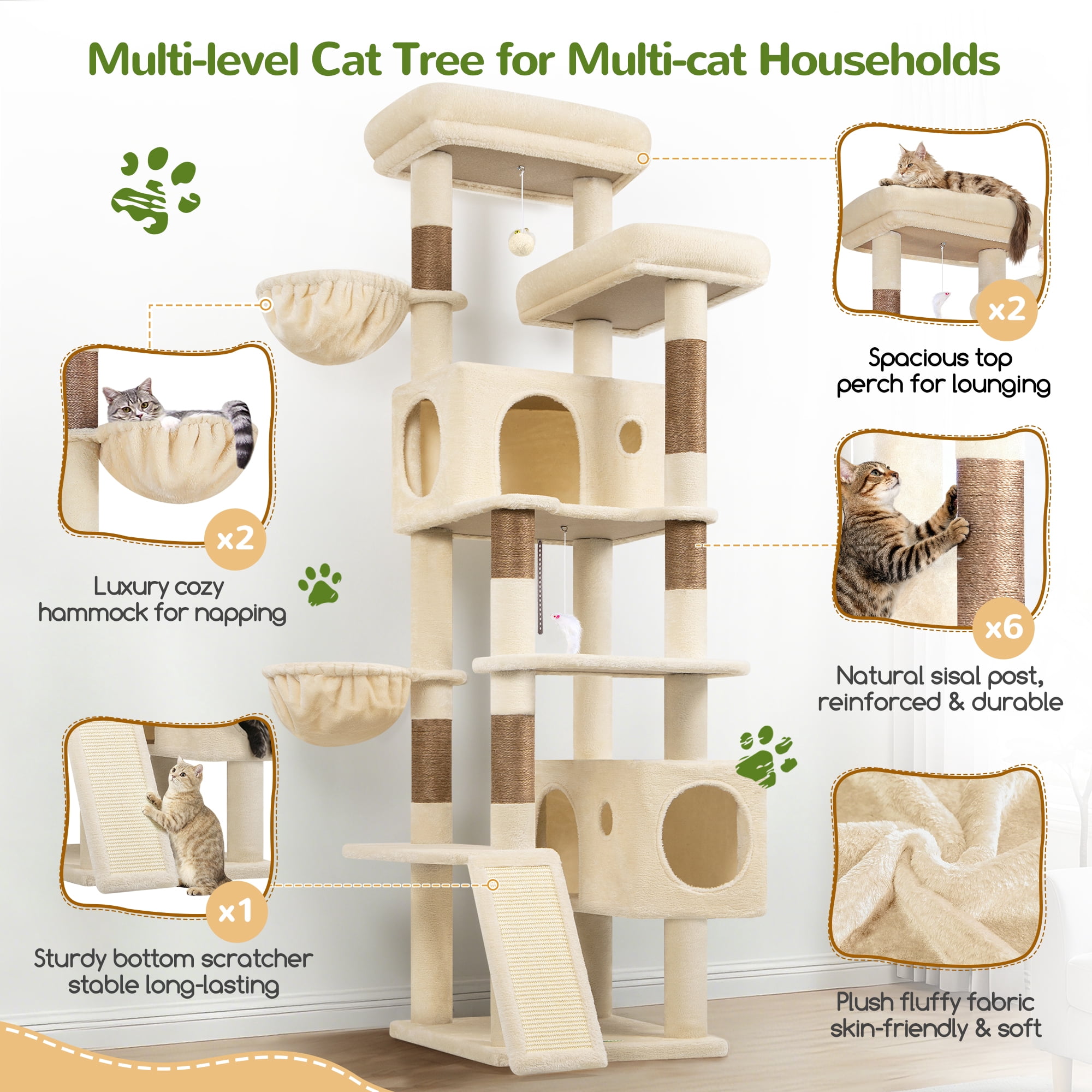 Globlazer 77" Large Cat Tree and Tower Condo for Indoor Cats with Sisal Scratching Posts, Condos, Hammock & Hammock, Beige