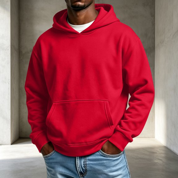 Trgacdwlo Men Fleece Hoodies Fall Winter Fuzzy Hooded Sweatshirt Men Solid Color Long Sleeve Flannel Pullover Men with Pocket Red S