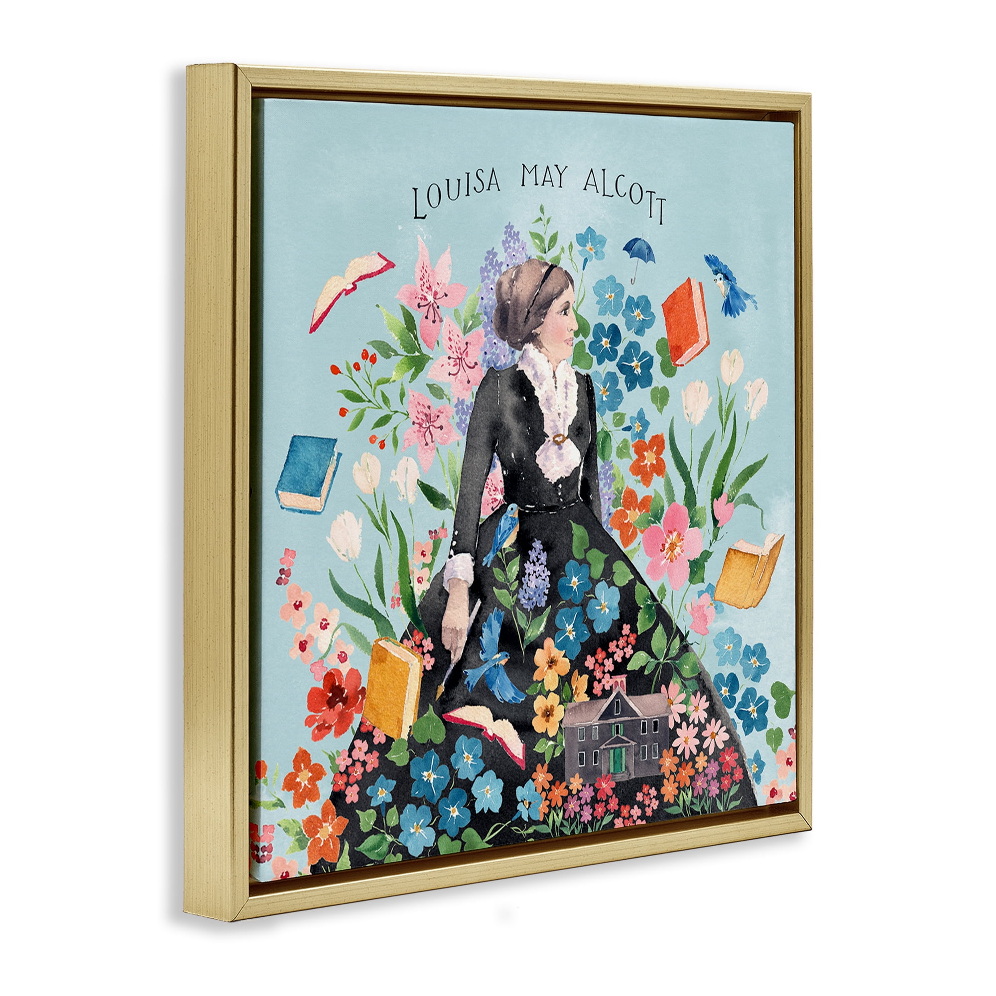 Stupell Industries Louisa May Alcott Portrait History & Language Painting Gold Floater Framed Canvas Art Print Wall Art, 18 x 18