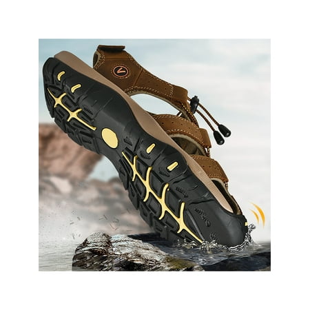 

Avamo Mens Hook-loop Fisherman Beach Shoes Leather Flat Roman Gladiator Sandal with Arch Support
