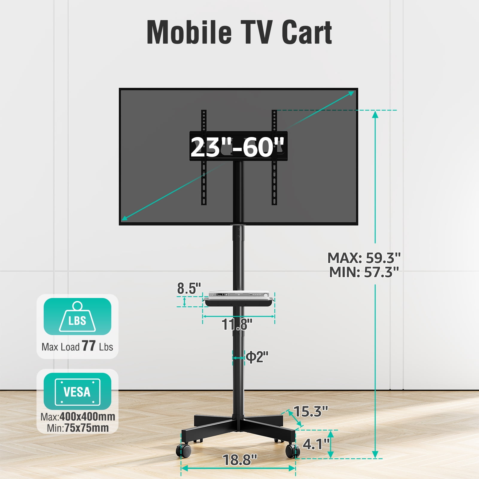 MOUNT PRO Mobile TV Stand, Rolling TV Cart for 23-60" TVs, Portable TV Floor Stand with Wheels,Adjustable Shelf & Tilt,Max VESA 400x400mm,up to 77 lbs