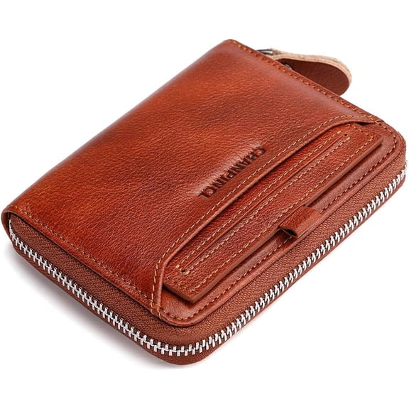 CHANPINCL Mens Genuine Leather Zipper Wallet RFID Secure Large Capacity Multi-card Leather Wallets for Men and Extract card (Yellowish brown)
