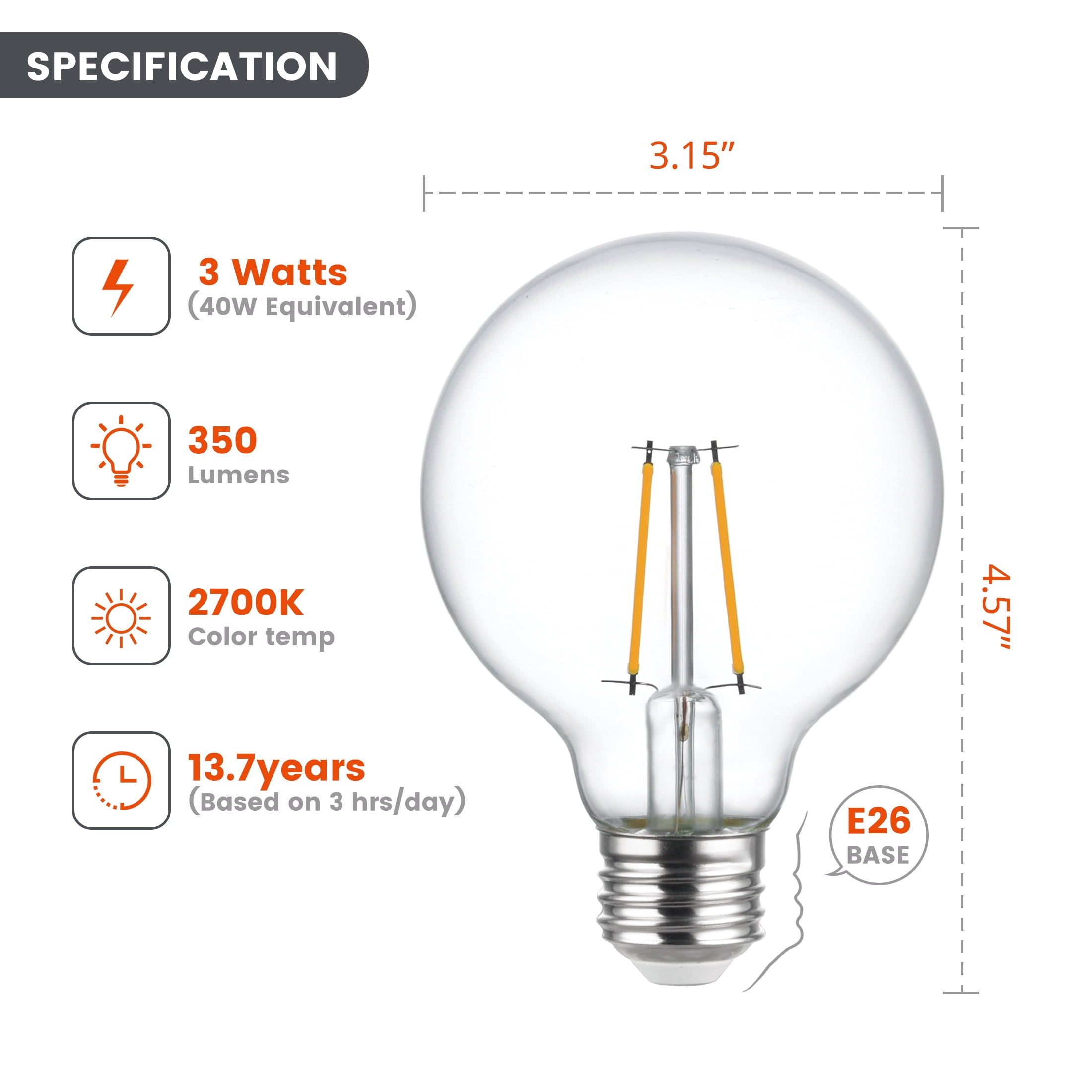 (2 pack) BH&G LED Bulb, 3-Watt (40W Equivalent) G25 Vintage Style, E26 Base, Dimmable, Soft White, 2-Pack