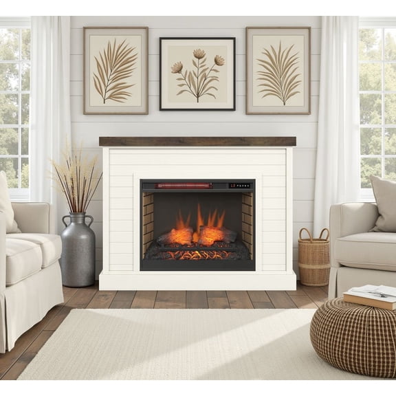 Bridgevine Home Washington 48 inch Fireplace with Mantel, No Assembly Required, Jasmine Whitewash and Barnwood Finish