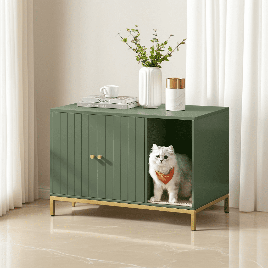 LEDREM Cat Litter Box Enclosure with Scratch Pad, Hidden Litter Box Furniture with Double Cabinet Doors, Side End Table, Forest Green and Gold