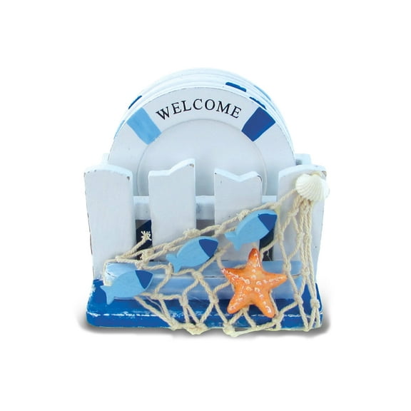 COTA Global Light Blue Stripes Nautical Wooden Coaster Set - Rustic Circle Coaster Set with Holder, Cute Beach Theme Drink Coasters Set for Spill and Scratch Free Tabletop - 6 Coasters and Holder Set