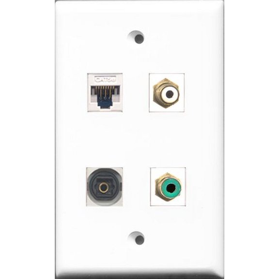 RiteAV 1 Port RCA White and 1 Port RCA Green and 1 Port Toslink and 1 Port Cat5e Ethernet White Wall Plate