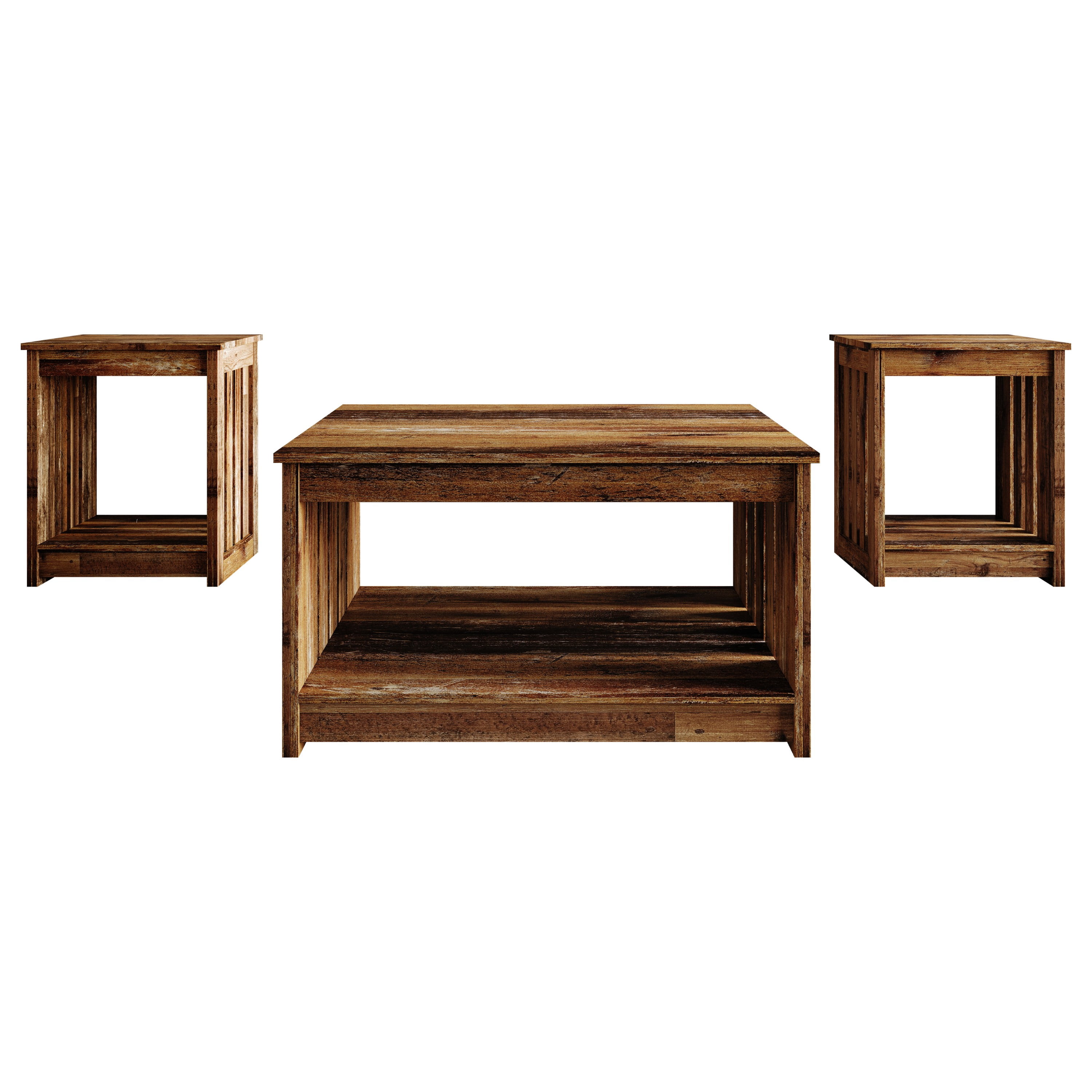 Home Design Nashua 3-Piece Coffee Table Set with Rectangular Coffee Table and 2 Matching End Tables, Modern Open Shelf Design for Living Room, Vintage Oak