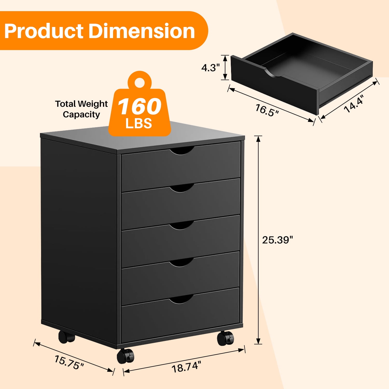 Simenmax 5 Drawer Chest Mobile Storage Cabinets Wooden Dresser with Wheels Room Organization Furniture for Office, Black
