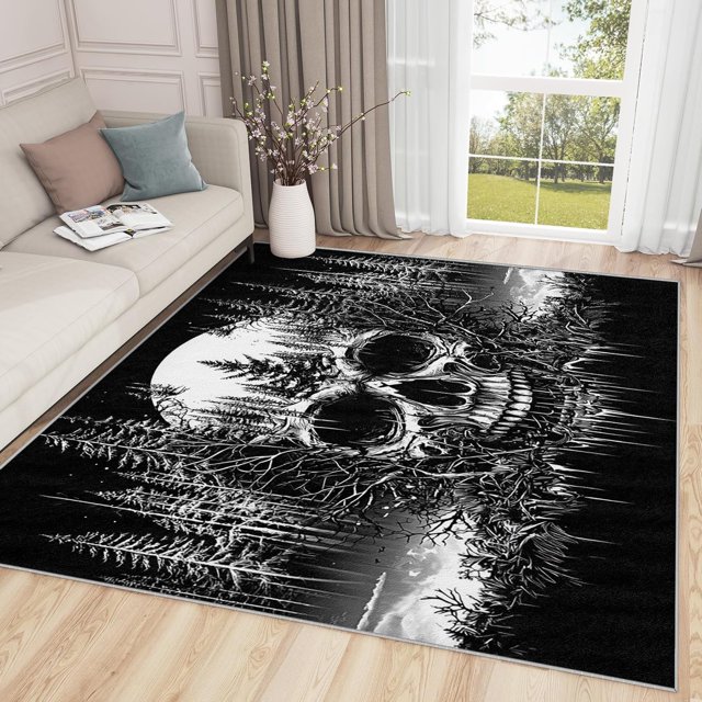 Skull Rugs for Bedroom - 2x3 Rug, Skull Area Rug, Gothic Skull Forest Washable Non Slip Soft Rugs, Black and White Skull Carpet, Spooky Skeleton Home Decor, Skull Gifts for Men