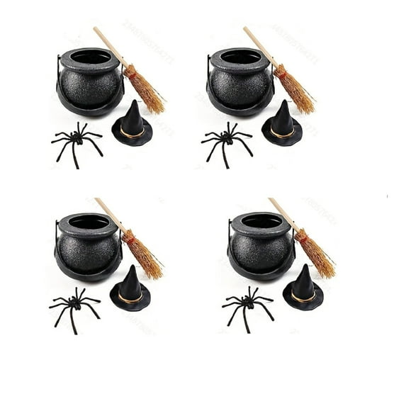 Set de 4 Mini Calderos de Bruja para Halloween | 4 Mini Sombreros de Bruja, Calderos Negros y Escobas | Madera y Plástico | Decoración Realista | Caldero de 7 X 5,7 Cm | Portátil con Asas Planas | Us