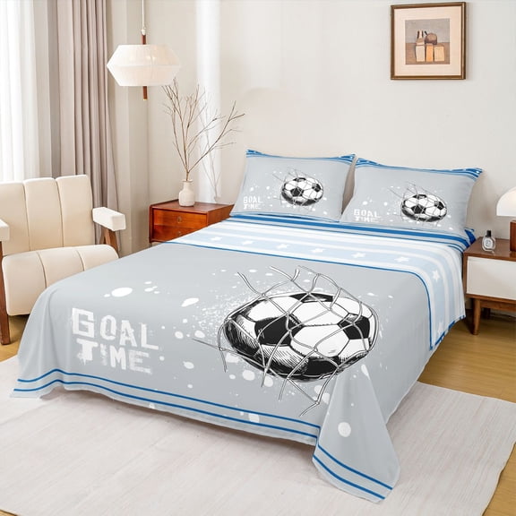 Feelyou Modern Soccer Sports Full Size Sheets for Kids, West Football Bed Sheets, Grey Blue Cartoon Theme Sheet Sets, Microfiber Bedroom Decor, 4 Pieces