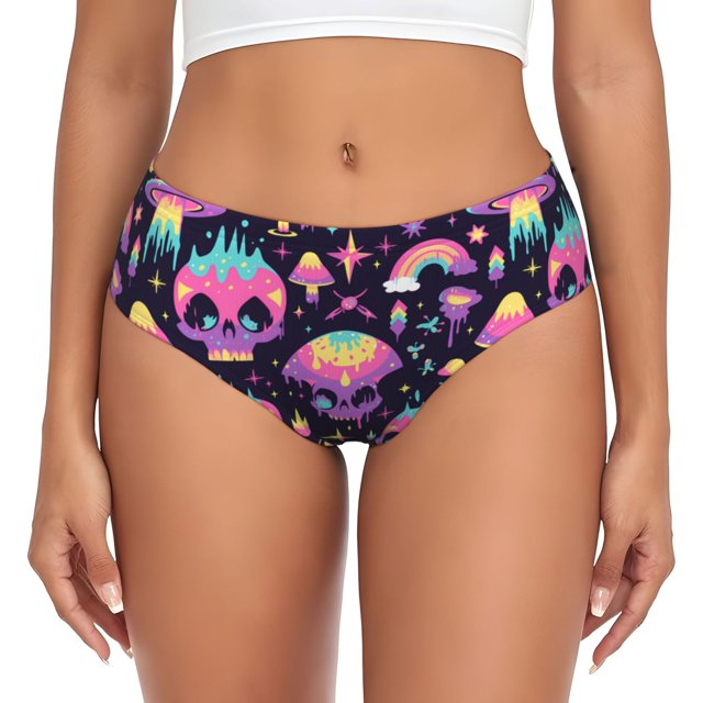 Fotbe cartoon Skull rainbow space Calzones Estampados para Mujer – Ropa Interior de Algodón, Cómoda, Suave y Elástica-Large