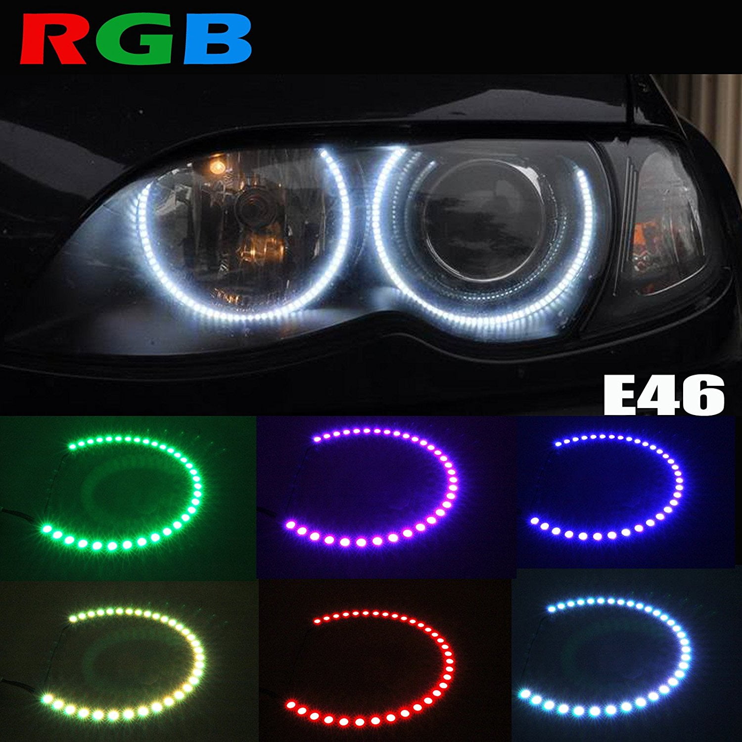 Qiuko 4pcs 131MM 16 Multi-Color RGB 5050SMD LED Angel Eye Halo Rings Headlight for BMW E46 E38 E39 3 5 7 Series Qiuko 4pcs 131MM 16 Multi-Color RGB 5050SMD LED Angel Eye Halo Rings Headlight for BMW E46 E38 E39 3 5 7 Series